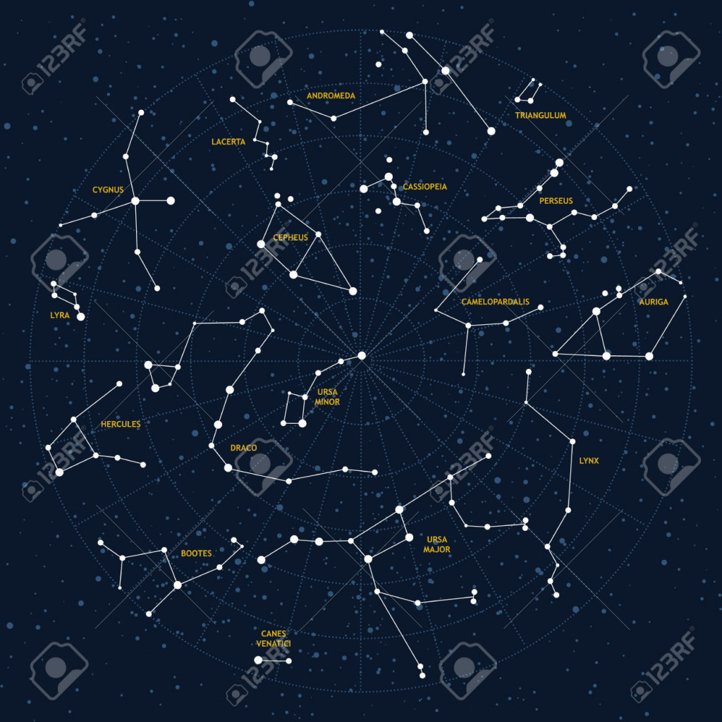 Vector sky map, constellations, stars, andromeda,lacerta, cygnus, lyra, hercules, draco, bootes, minor, major, lynx, auriga, camelopardalis, perseus, triangulum, cassiopeia, cepheus